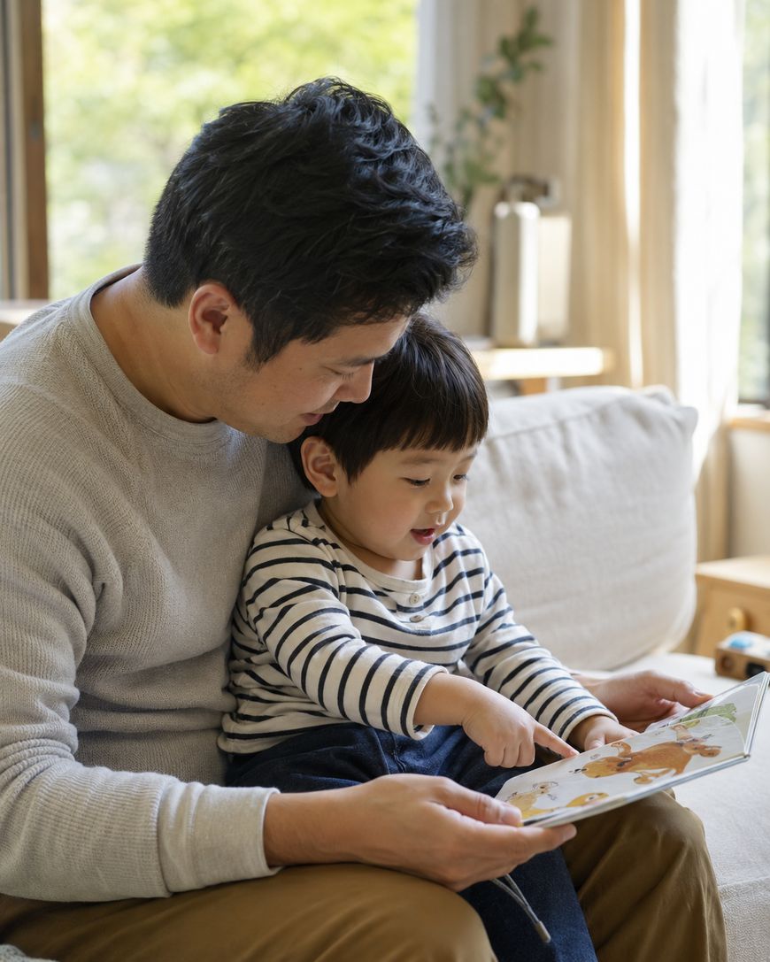 An adult and a young child sit on a couch reading a picture book together. The child is pointing at the book, and both appear focused and engaged. Sunlight streams in through the windows in the background.