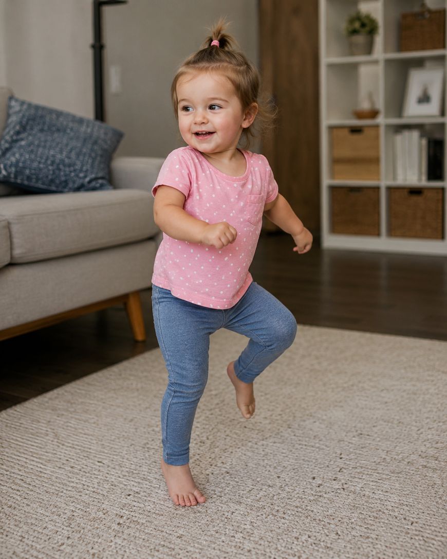 A toddler with brown hair in a topknot, wearing a pink shirt and blue leggings, smiles while standing on one foot on a beige rug in a cozy living room.