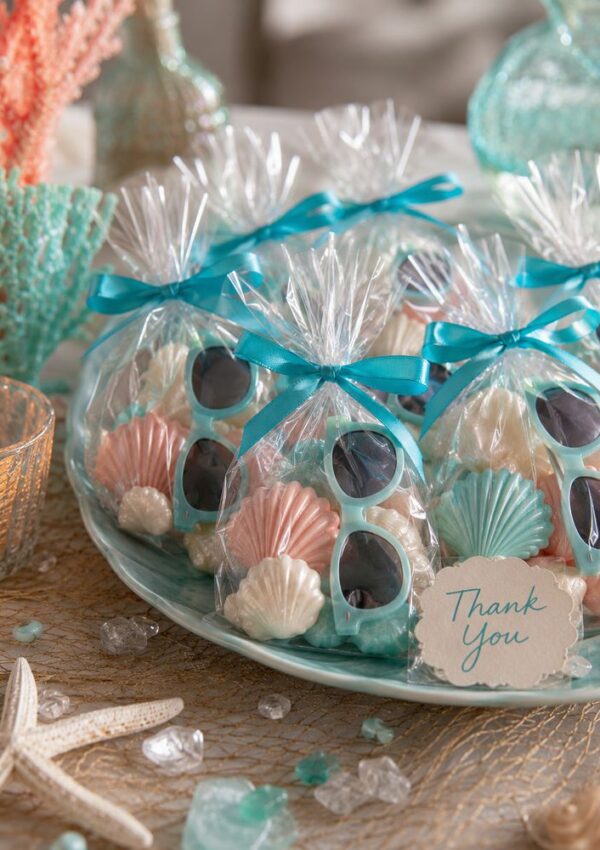 A plate holds bags with pastel seashell soaps and blue sunglasses, tied with blue ribbons. A card reads Thank You. Beach-themed decor, coral, glass, and a starfish surround the plate.