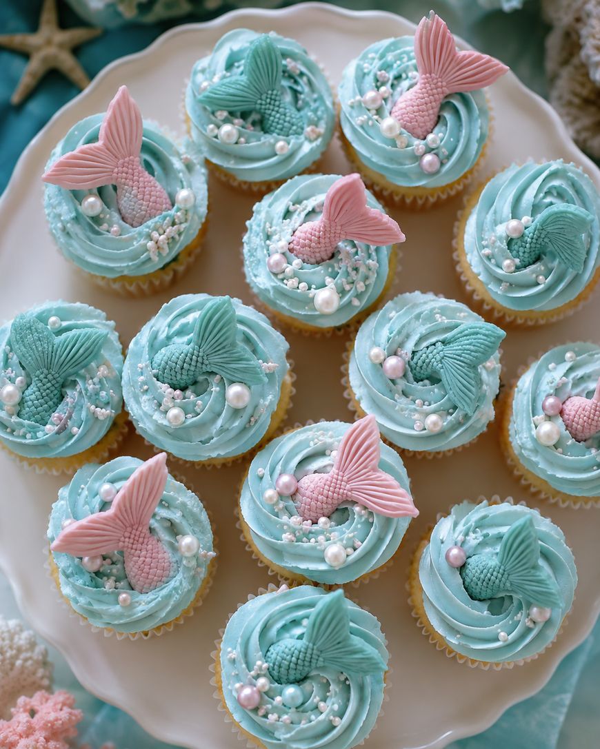 A plate of cupcakes with light blue frosting, decorated with pink and blue mermaid tails and pearl-like sprinkles, displayed on a white platter.