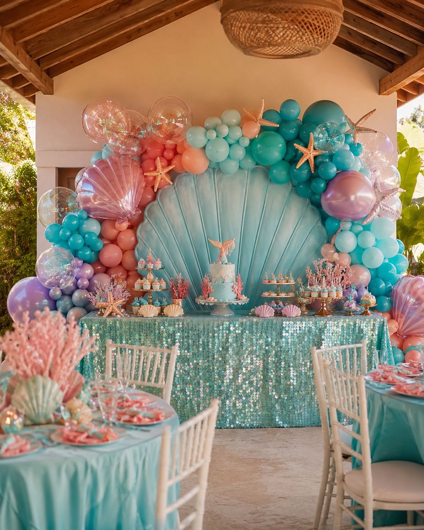 A mermaid-themed party setup with blue and pink balloons, seashell and starfish decorations, a cake, and treats on a sparkly teal tablecloth, with round tables and white chairs in the foreground.