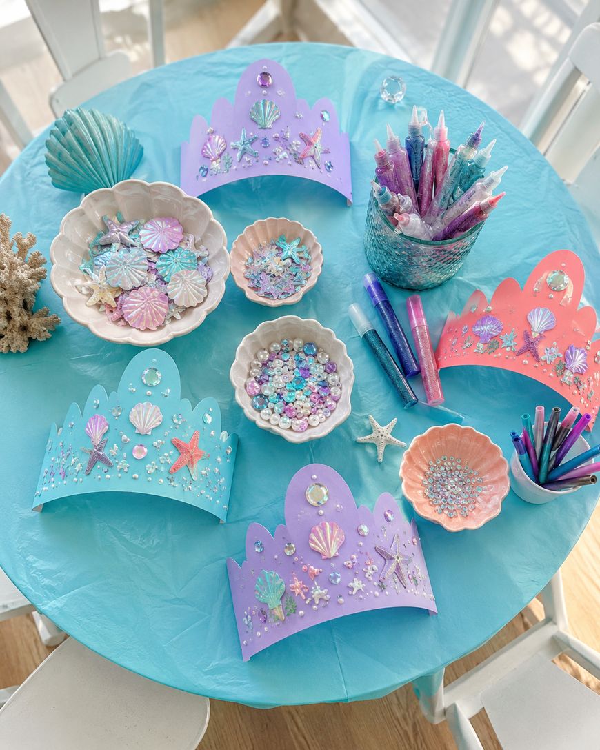 A round table with a blue cloth displays colorful paper crowns, seashells, beads, markers, and glitter pens arranged for a mermaid-themed craft activity, with white chairs surrounding the table.
