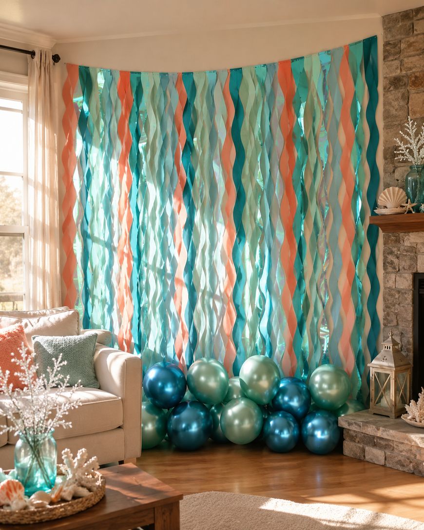 A living room decorated with twisting blue, teal, and peach streamers hanging from the ceiling, and metallic blue and green balloons on the floor in front of a stone fireplace.