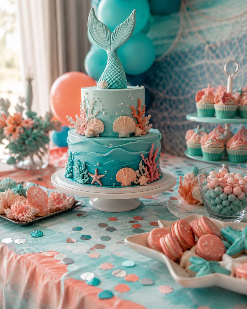 A mermaid-themed cake decorated with a tail topper, seashells, and coral sits on a table with teal and coral treats, macarons, cupcakes, balloons, and ocean-inspired decorations.