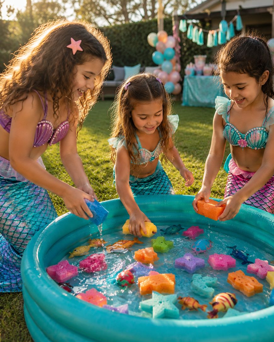 Three young children in mermaid costumes play with colorful sponges and toys in a small inflatable pool outdoors. Balloons and decorations are visible in the background.