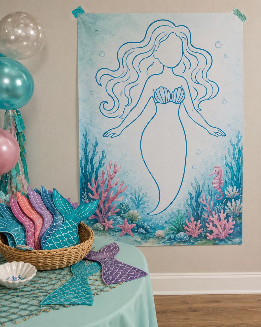A large mermaid outline poster is taped to a wall above ocean-themed decorations. A basket on a table holds colorful mermaid tails for a party game. Blue, pink, and teal balloons are on the left.