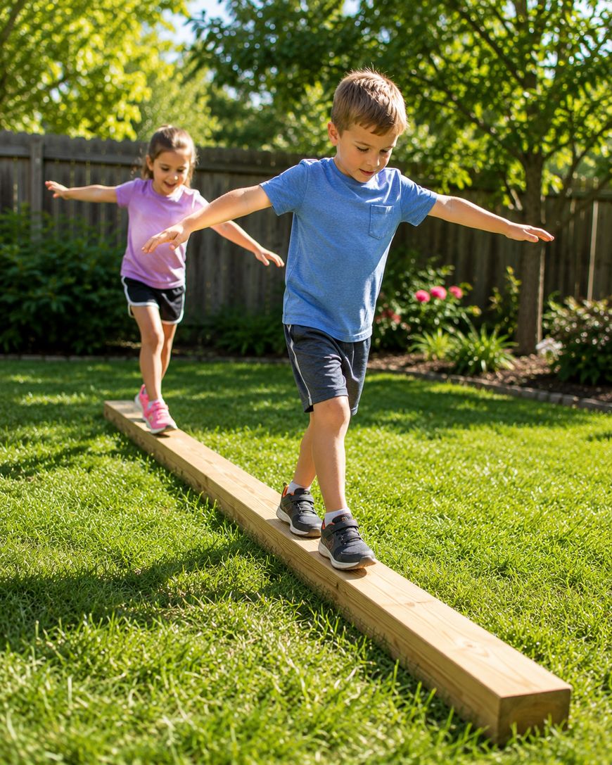 Two children, a boy in a blue shirt and a girl in a purple shirt, balance with arms outstretched while walking on a wooden beam in a grassy backyard on a sunny day.