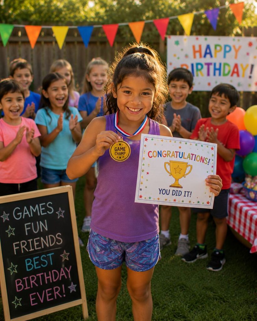 A smiling girl stands outside holding a Congratulations! You Did It! certificate and a gold medal, with cheering children, colorful balloons, and a Happy Birthday sign in the background.