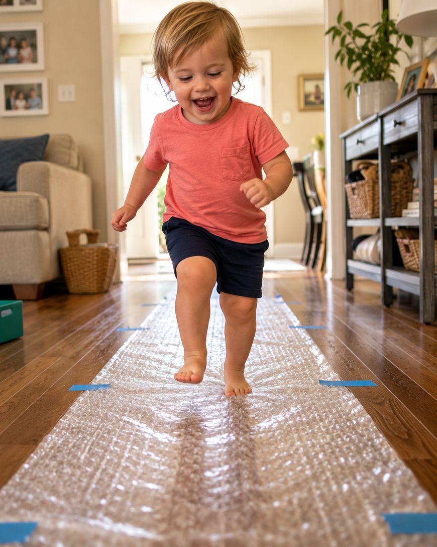 A young child with blond hair, wearing a pink shirt and navy shorts, joyfully walks barefoot on a long sheet of bubble wrap laid out on a wooden floor in a cozy, well-lit living room.