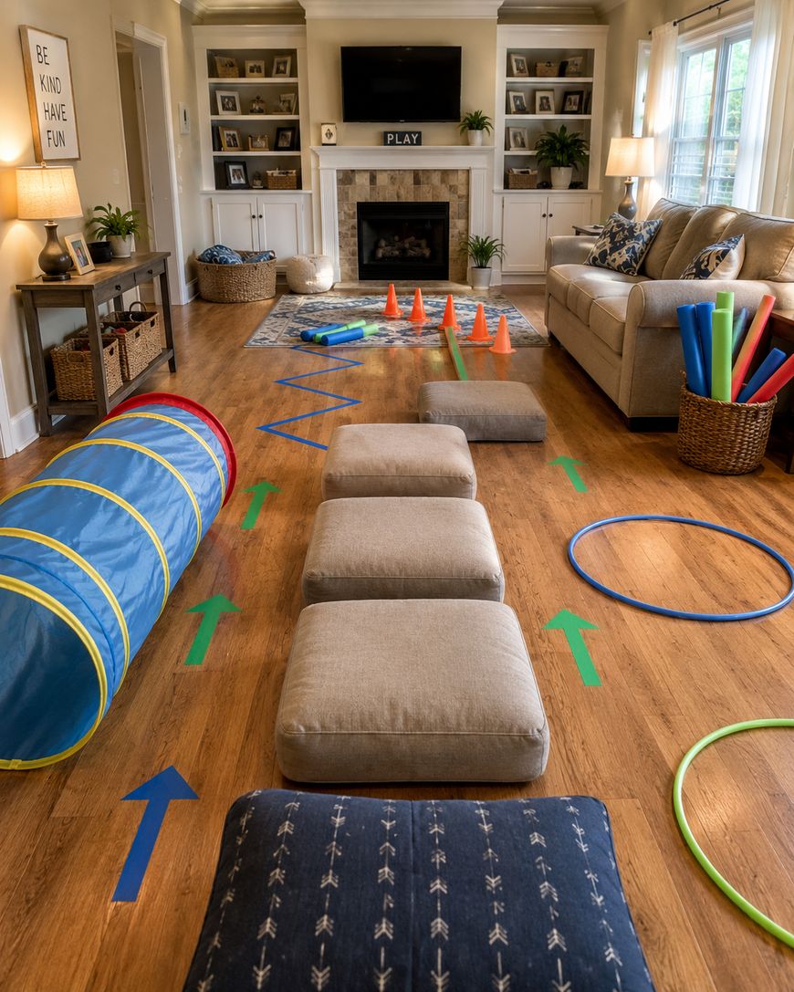 A living room transformed into an indoor obstacle course with cushions, a play tunnel, hoops, cones, foam pool noodles, and colored arrows on the wooden floor guiding the path.