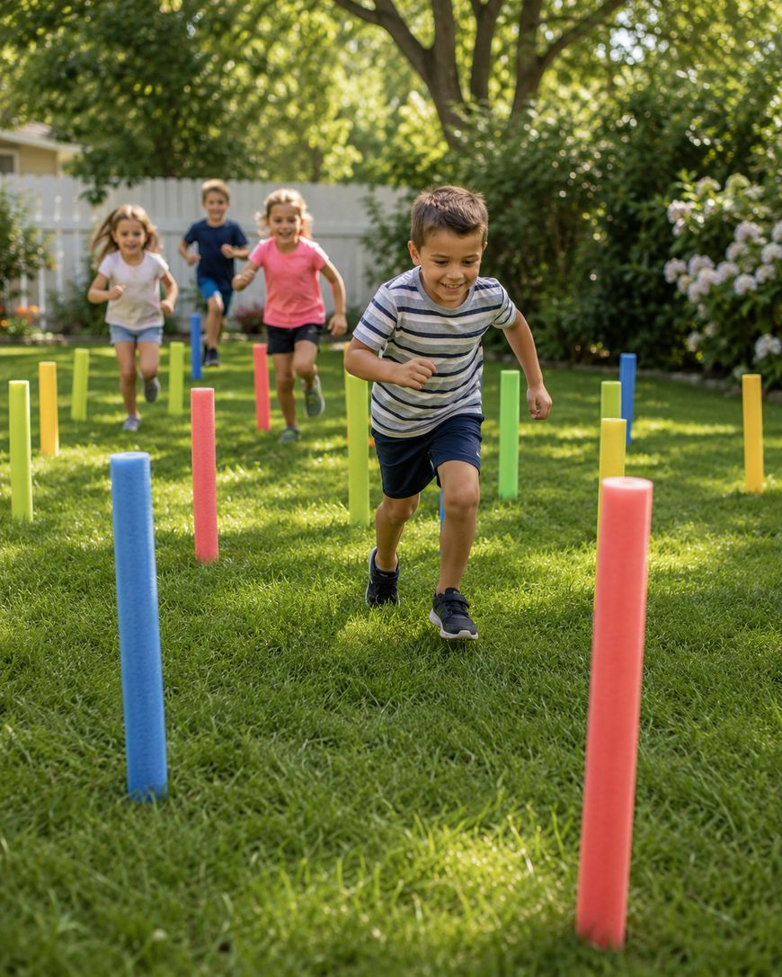 Five young children run and play outside on green grass, weaving through colorful upright foam pool noodles in a backyard obstacle course on a sunny day. Trees and bushes are visible in the background.