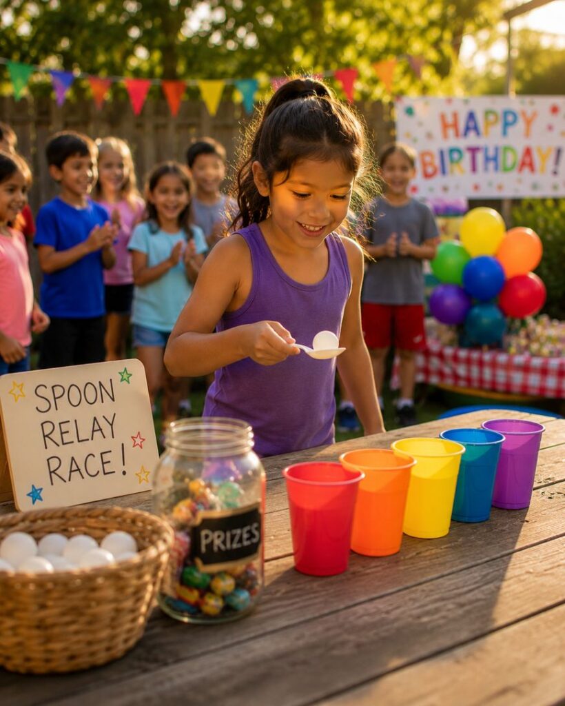 A smiling girl balances an egg on a spoon at an outdoor birthday party, with colorful cups, a Spoon Relay Race sign, a prizes jar, and children watching and clapping in the background.