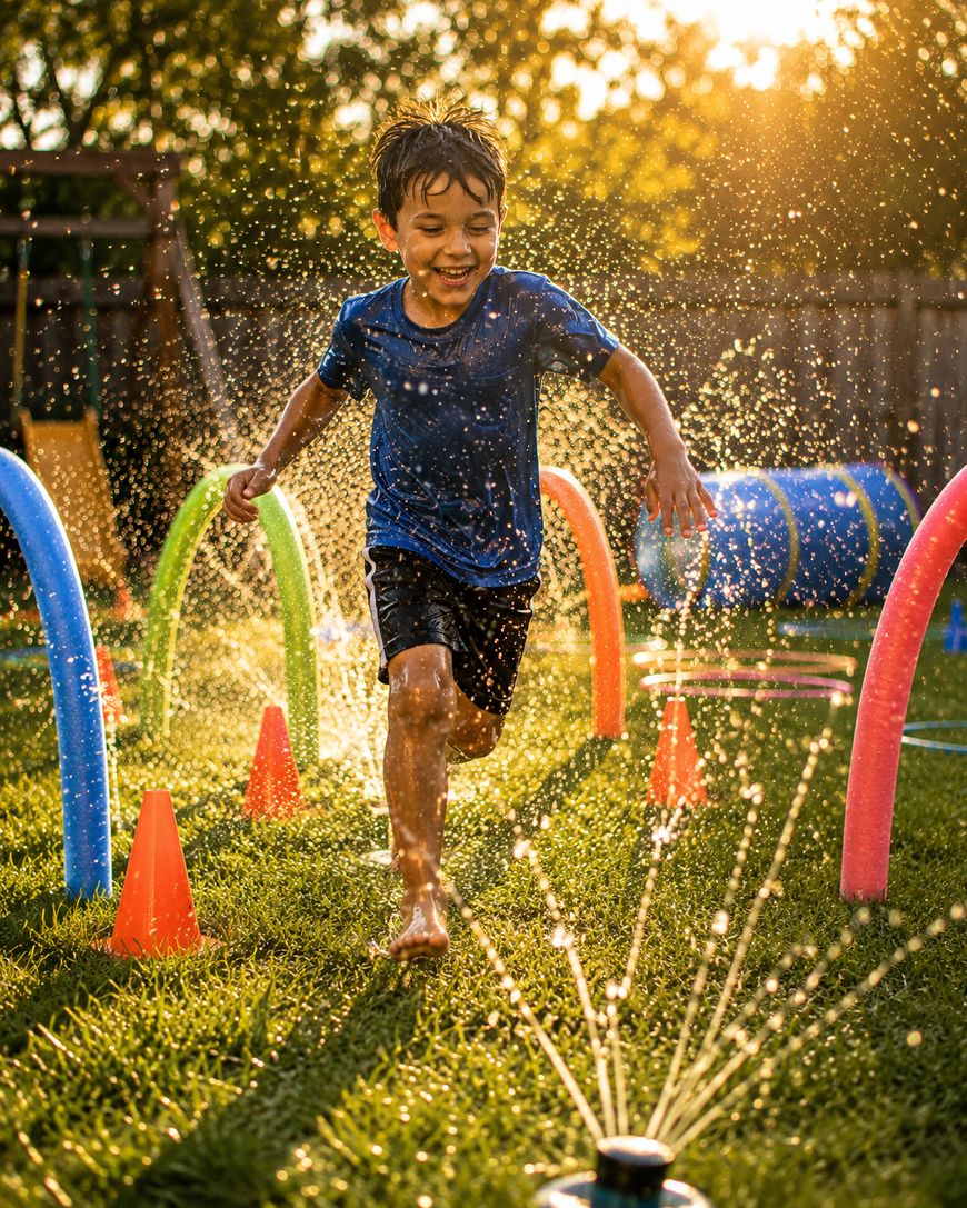 A young boy runs barefoot through a sprinkler obstacle course on green grass, smiling and soaked as water sprays around him in the golden sunlight. Colorful pool noodles and cones mark the course.