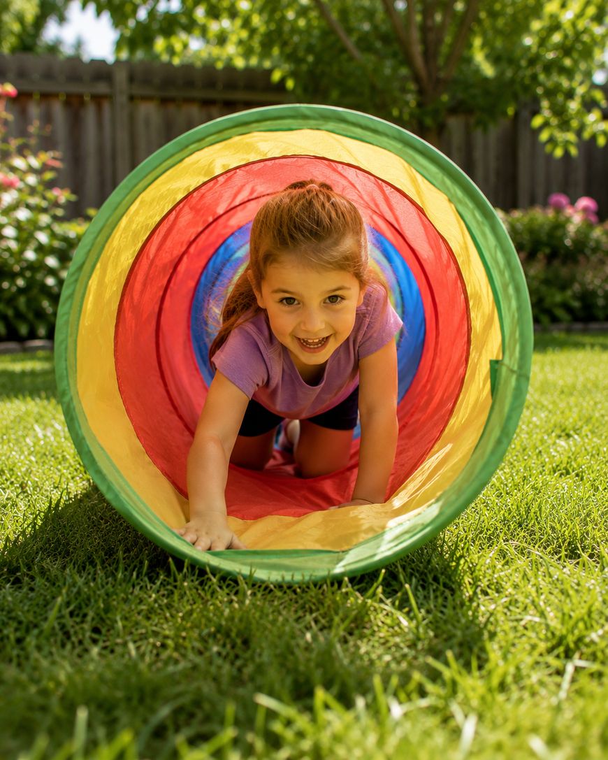 A young child with brown hair crawls through a colorful play tunnel on green grass in a sunny backyard, smiling happily at the camera. Trees and flowers are visible in the background.