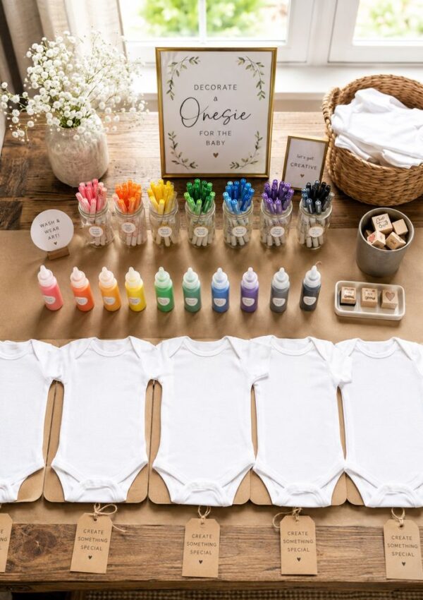 Baby onesie decorating station with blank onesies, colorful fabric paints, markers, wooden stamps, and a sign reading “Decorate a Onesie for the Baby,” all arranged neatly on a wooden table.