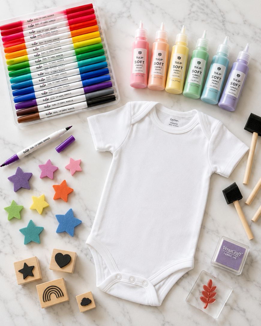 A white baby onesie surrounded by fabric markers, fabric paints, foam brushes, colorful felt stars, rubber stamps, and an ink pad on a marble surface.