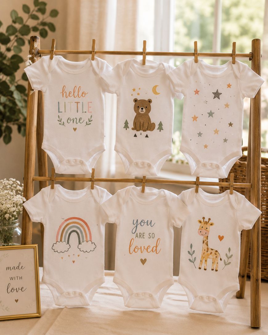 Six white baby onesies with cute designs and messages hang on a wooden rack. Designs include a bear, stars, giraffe, rainbow, cloud, and loving messages. A framed sign reads “made with love.”.