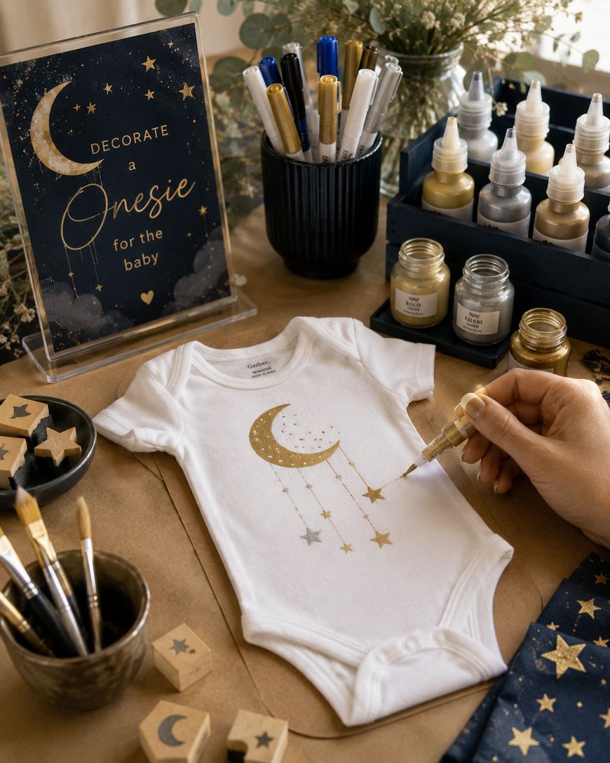 A hand decorates a white baby onesie with gold and silver stars and moons. Surrounding are paint bottles, brushes, stamps, pens, and a sign reading Decorate a Onesie for the baby.