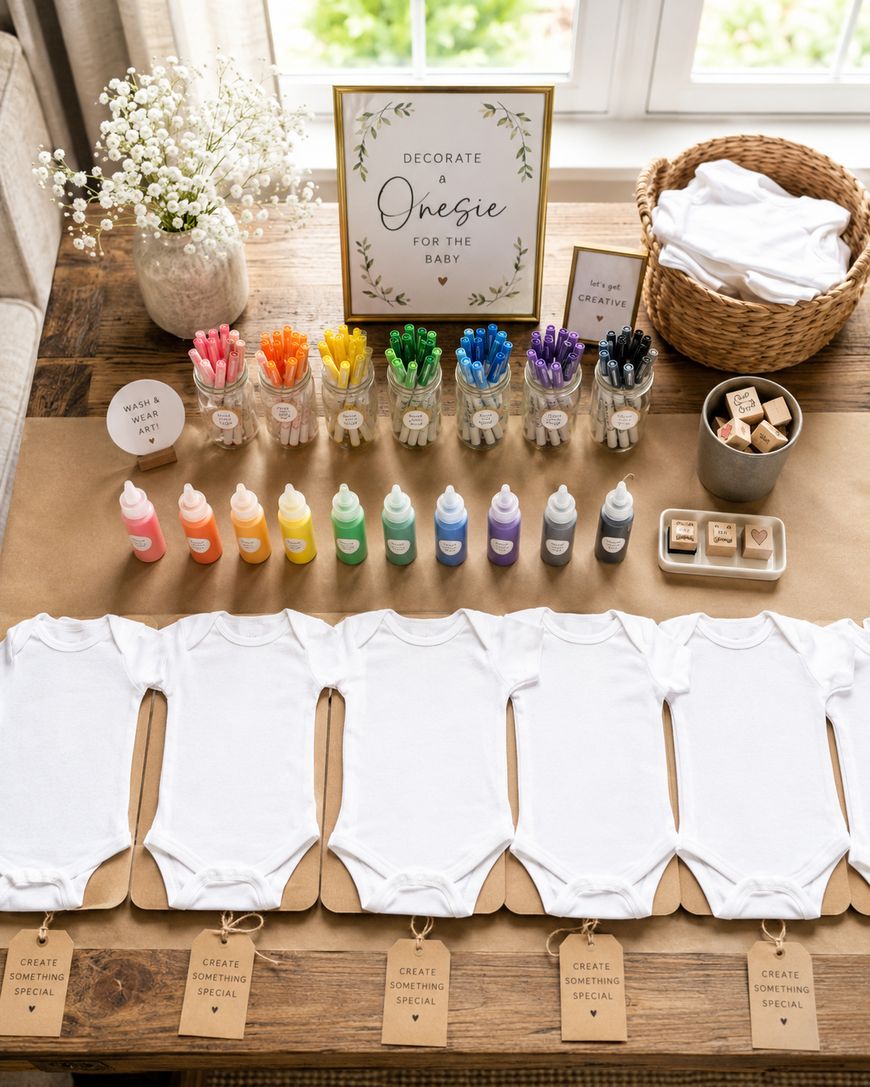 A baby shower craft table displays plain white onesies, fabric markers, fabric paint bottles in rainbow colors, stamps, ink pads, and a sign that reads, Decorate a onesie for the baby.