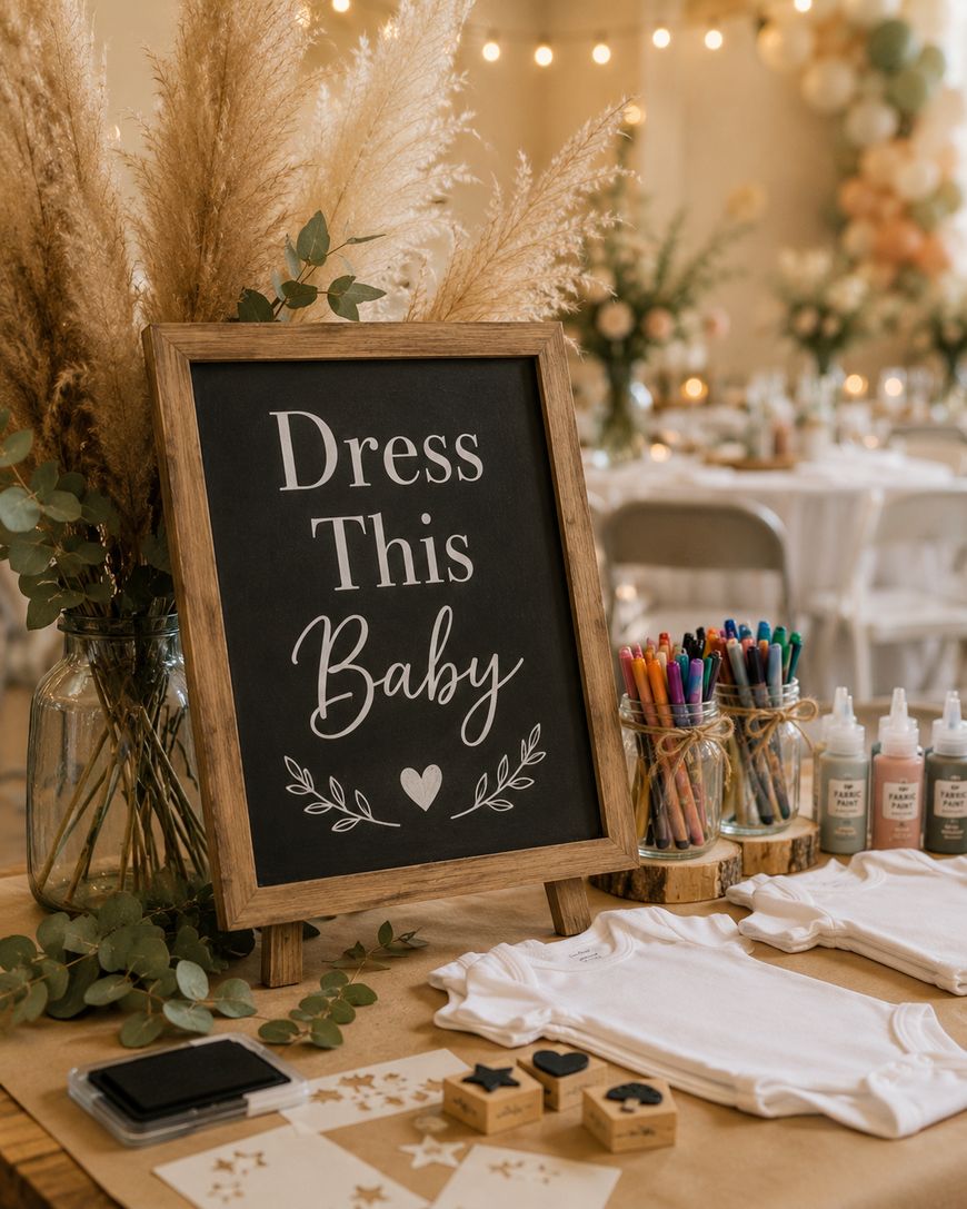 A chalkboard sign reading Dress This Baby sits on a table with blank baby onesies, markers, stamps, ink pads, and bottles of paint. The background shows a decorated event space with balloons and pampas grass.