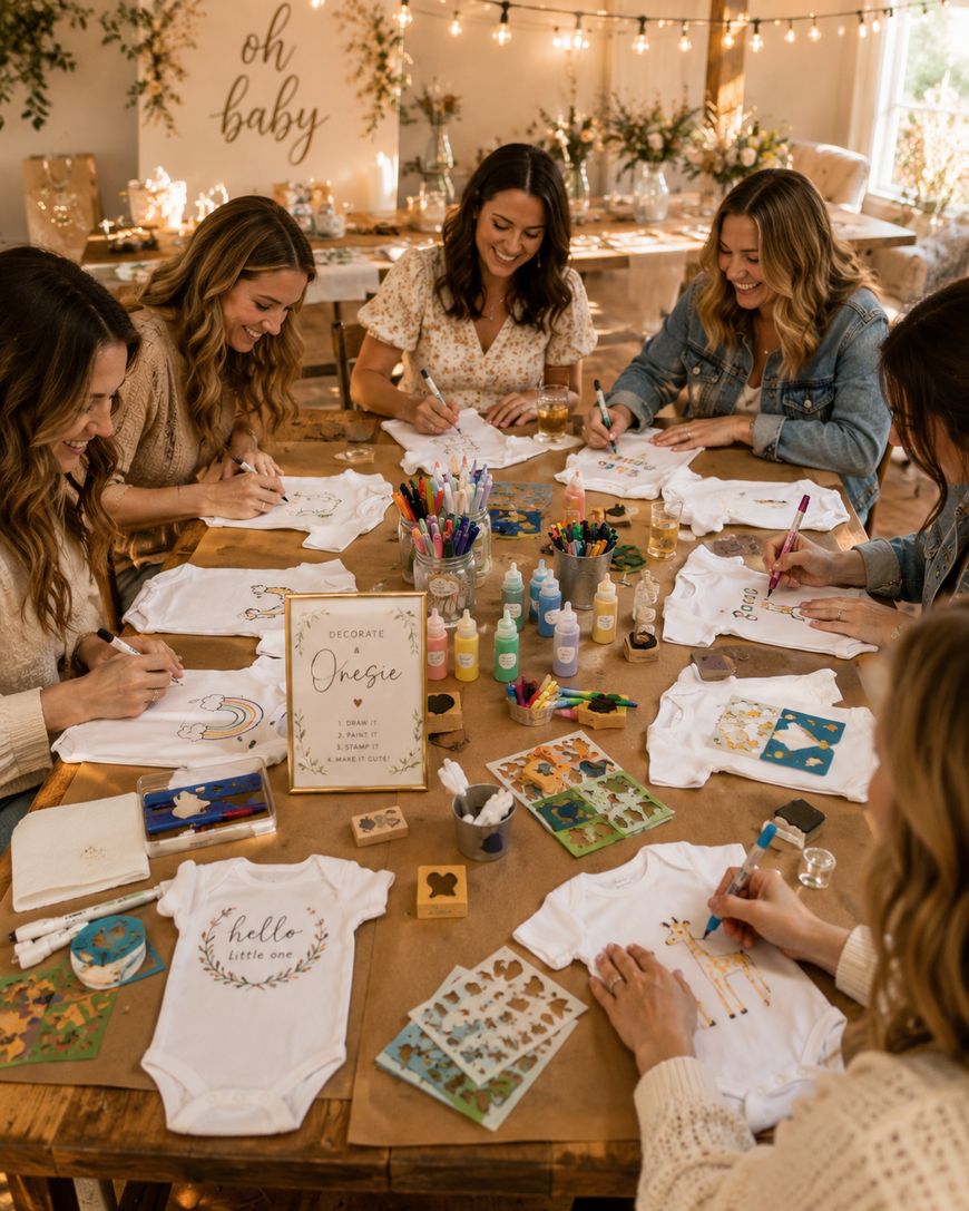 Six women sit around a table decorating white baby onesies with markers and paints at a baby shower. The table is covered with craft supplies, decorations, and a sign that reads, “Decorate a Onesie.”.
