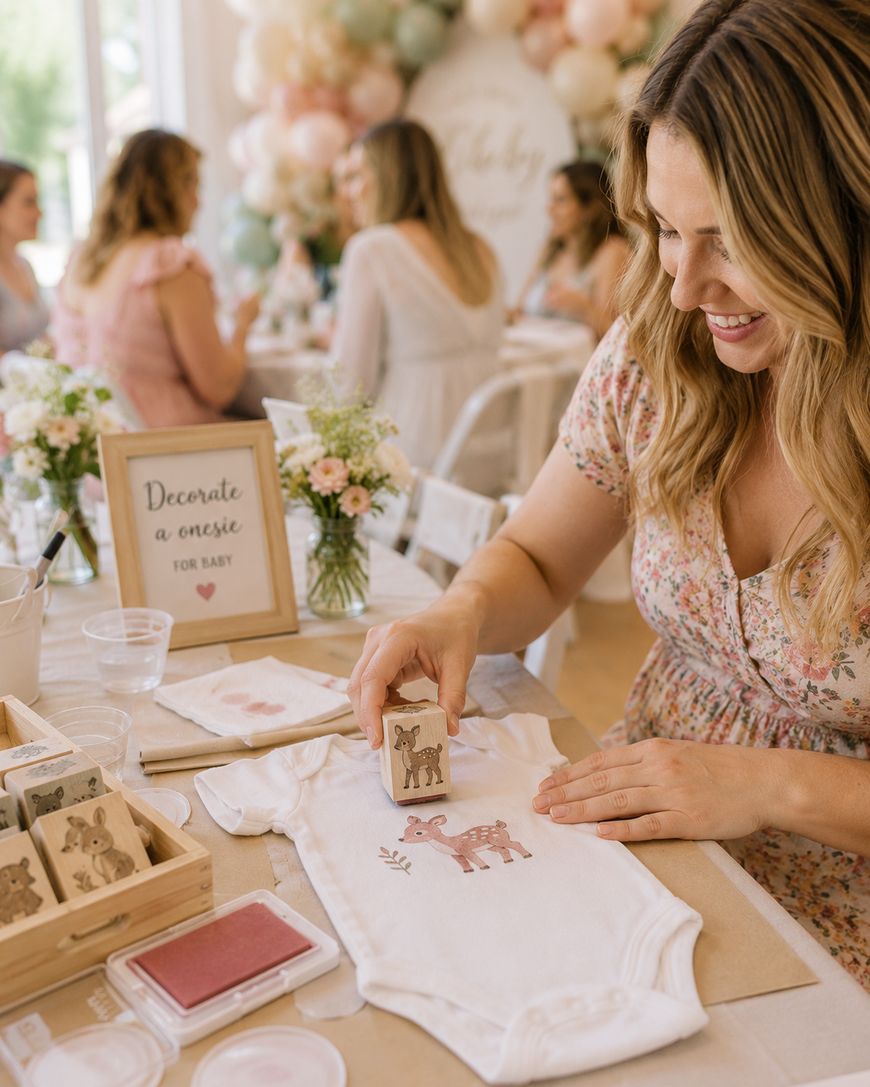 A woman decorates a white baby onesie with animal stamps at a baby shower. Flower arrangements, ink pads, and a sign that says Decorate a onesie for baby are on the table. Other women chat in the background.
