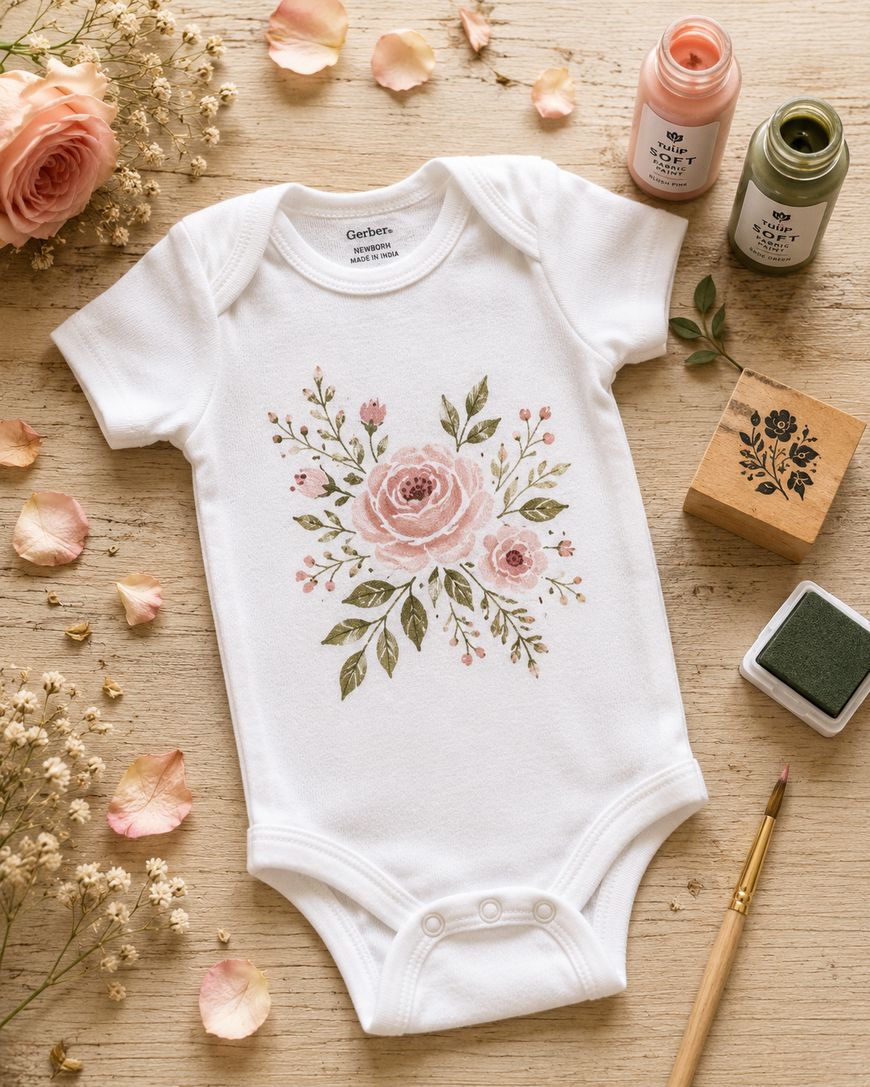 A white baby onesie with a pink floral design is surrounded by art supplies, paint, a paintbrush, a floral stamp, and pink rose petals on a wooden surface.