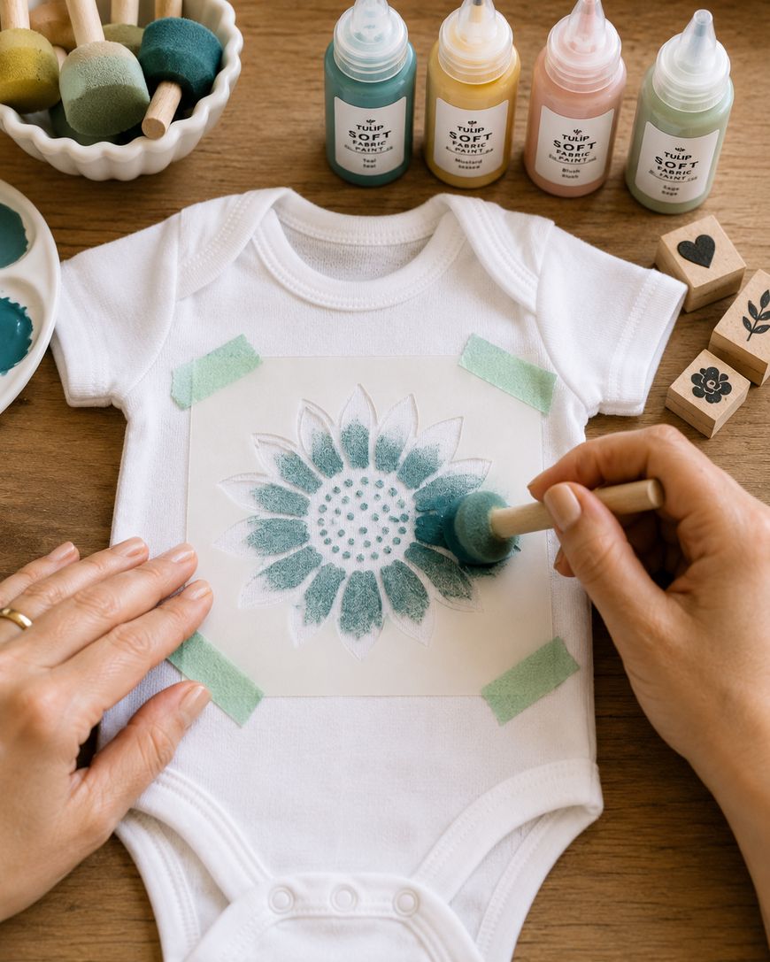 Hands use a sponge to paint a sunflower stencil on a white baby onesie. Bottles of fabric paint, stamps, and a paint palette are on the wooden table.
