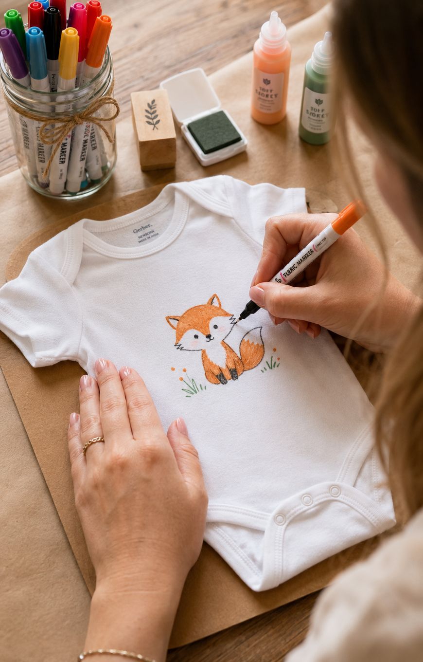 A person draws a cute orange fox on a white baby onesie using fabric markers. Art supplies, including markers, ink, and paint, are placed on the wooden table nearby.