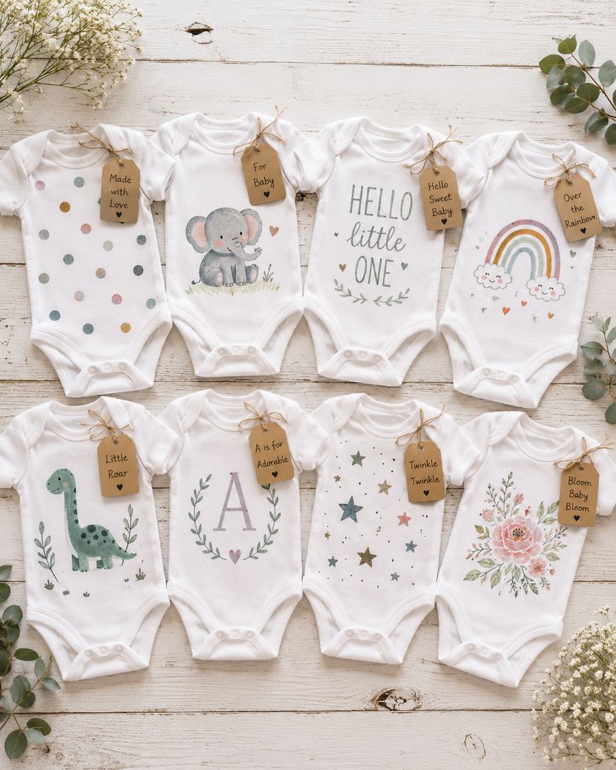 Eight white baby onesies with various pastel designs and text, including an elephant, rainbow, dinosaur, stars, flowers, and polka dots, are arranged on a white wooden surface with babys breath flowers nearby.