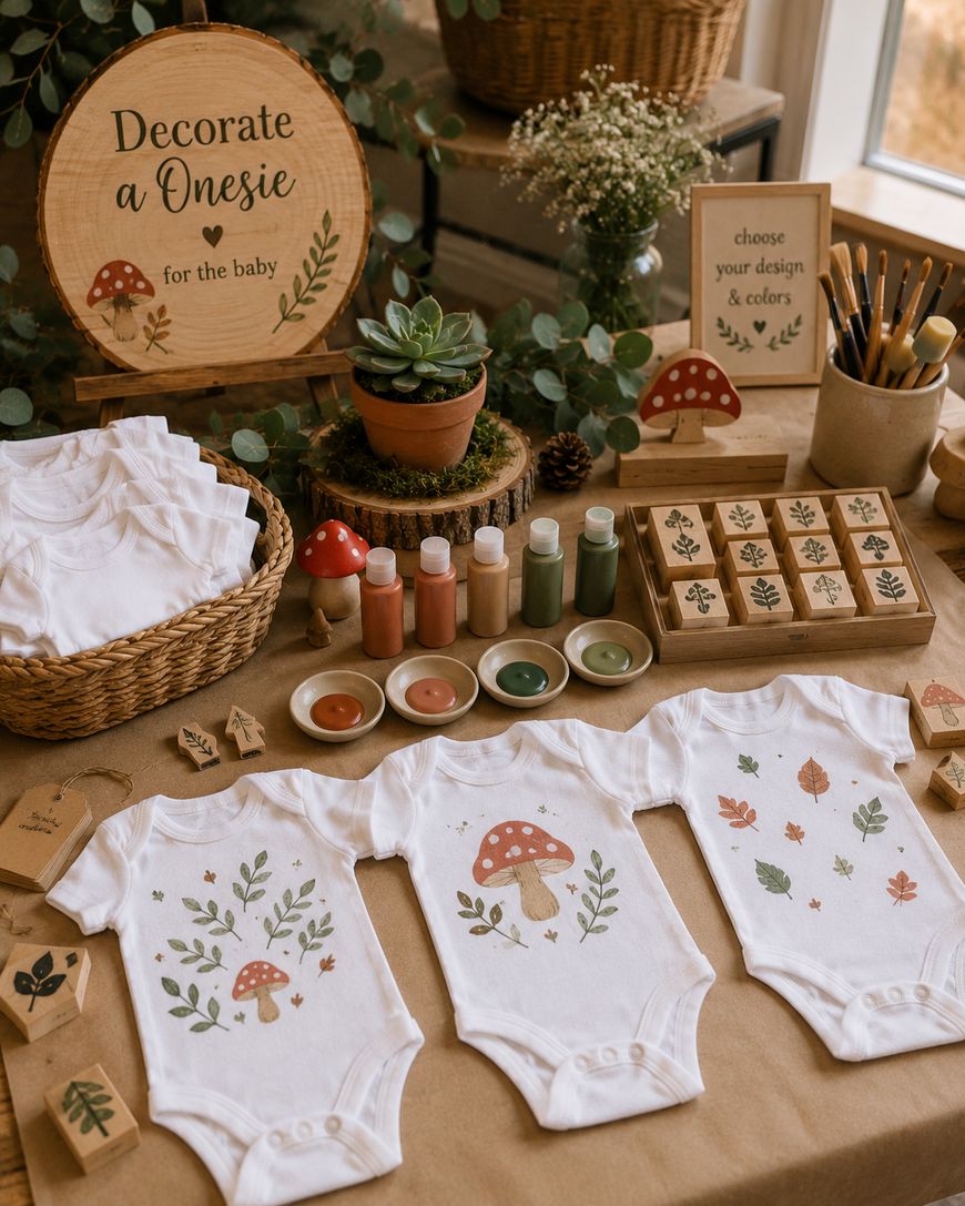 A nature-themed “decorate a onesie” baby shower table with white onesies, paints, paintbrushes, stamps, and a sign reading “choose your design & colors.” Earthy decor and little plants are also on display.