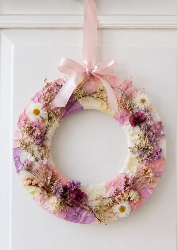 A circular wreath with pastel pink, purple, and white flowers, accented by dried flowers and small greenery, hangs on a white door. It is topped with a pale pink ribbon bow.