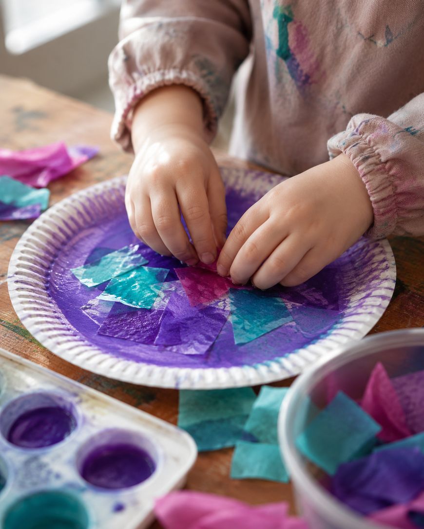 A child's hands arranging colorful tissue paper pieces on a purple-painted paper plate, crafting at a wooden table with art supplies nearby.