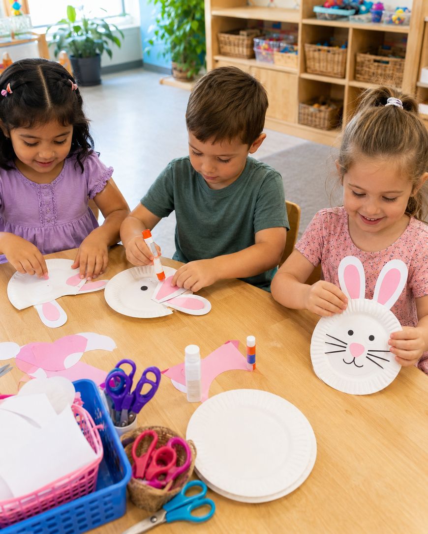 Three young children sit at a table in a classroom, making bunny crafts from paper plates, pink paper, and glue. Scissors and other craft supplies are also visible on the table.