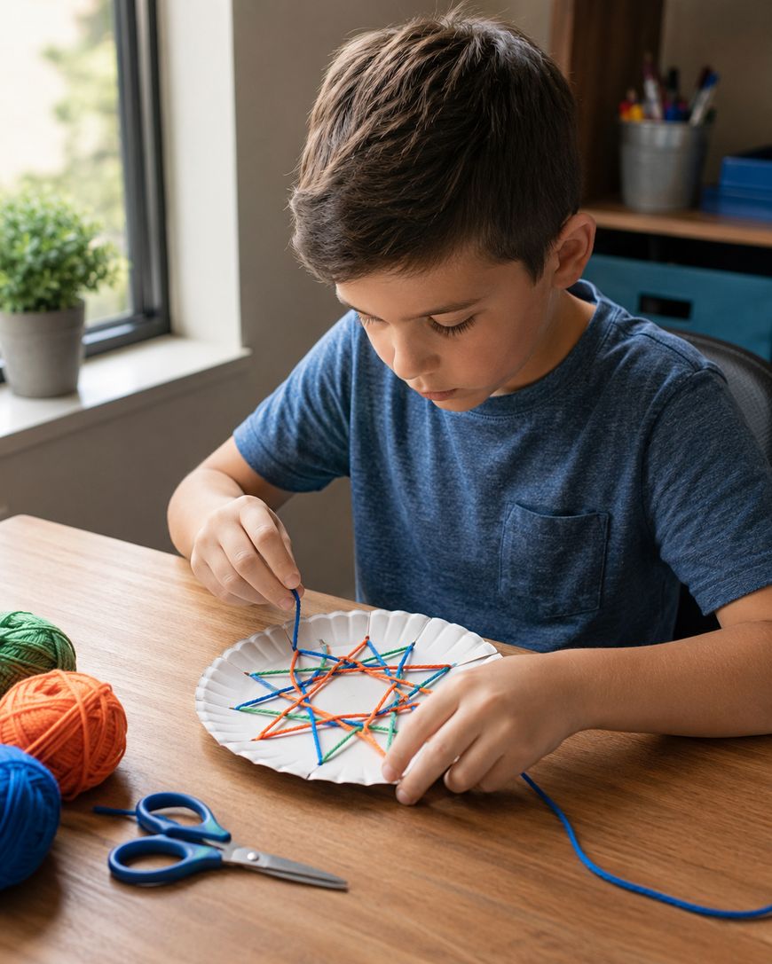 A boy sits at a wooden table, threading colorful yarn through holes in a paper plate to make a star pattern. Balls of yarn and scissors are nearby.