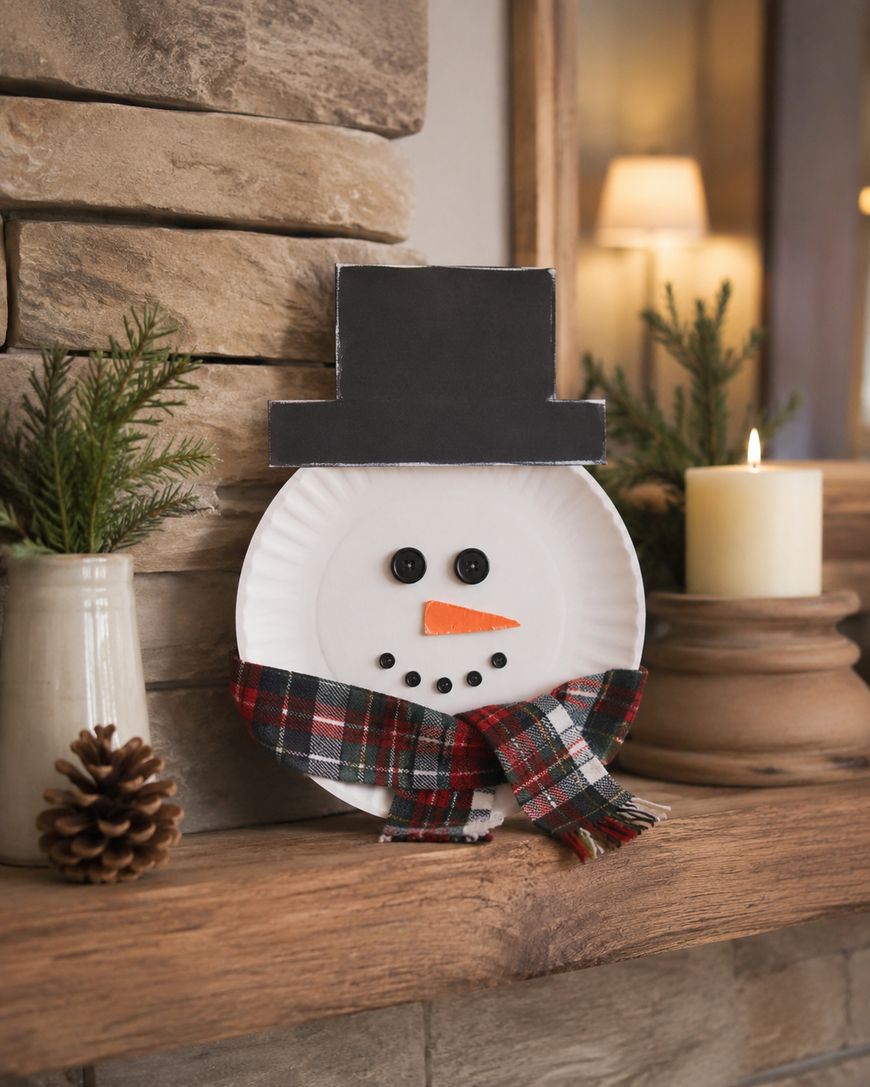 A paper plate snowman with a black top hat, button eyes and mouth, an orange paper carrot nose, and a plaid scarf sits on a wooden mantel decorated with pinecones, greenery, and a lit candle.