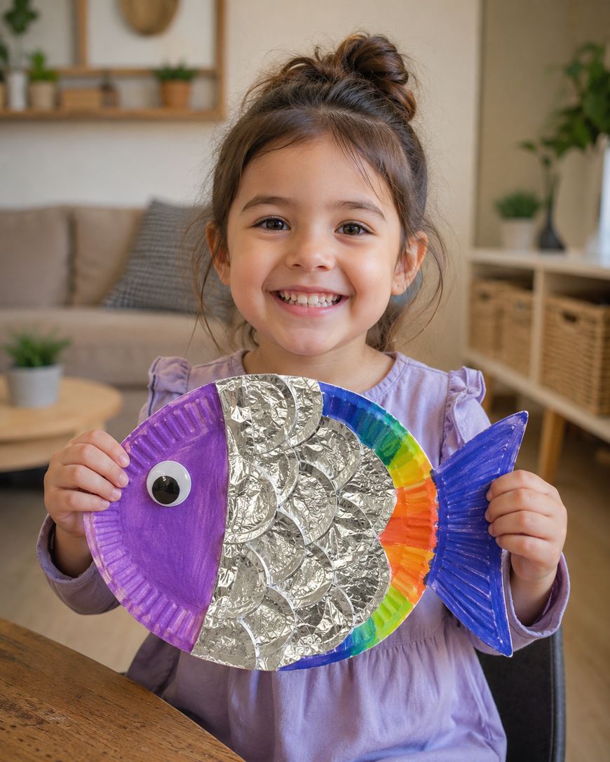 Smiling young girl holding a colorful fish craft made from a paper plate, decorated with foil scales, a googly eye, and rainbow colors on the tail and edges. She is sitting indoors at a table.