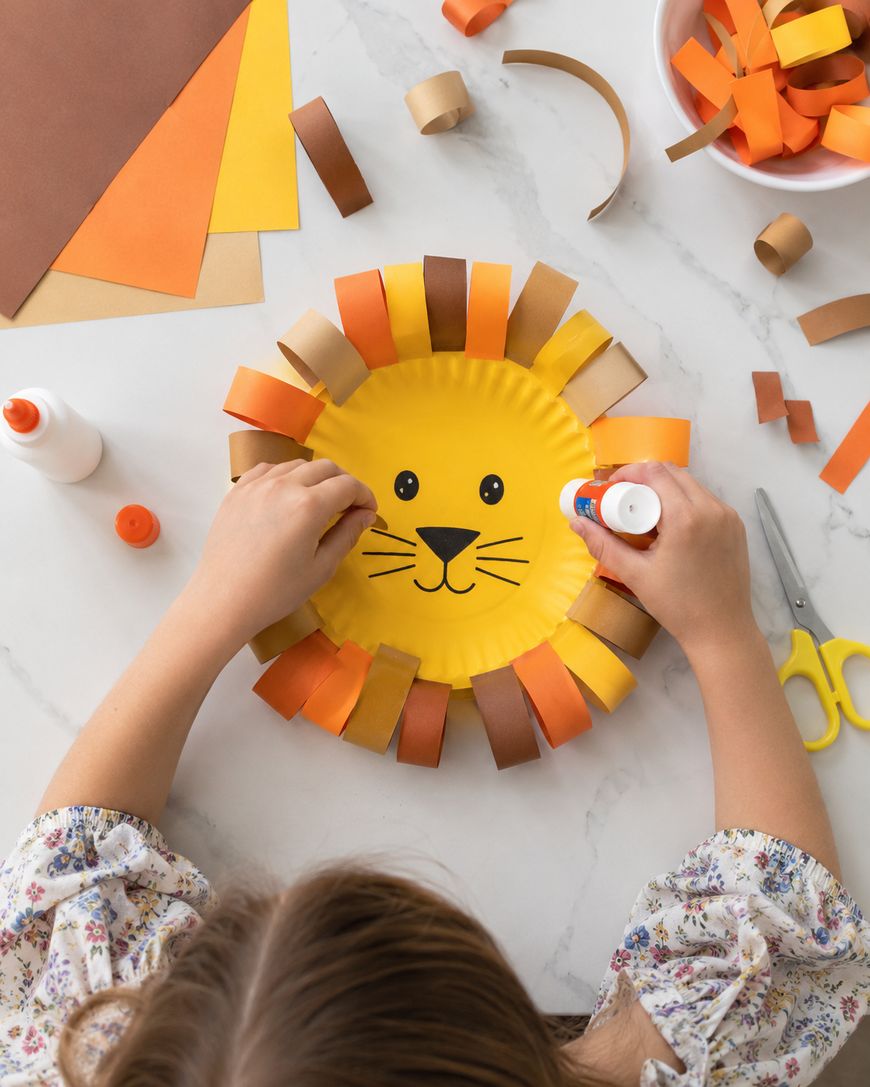 A child is gluing strips of orange and brown paper around a yellow paper plate to make a lion face craft. Scissors, glue, and more colored paper are on the table.