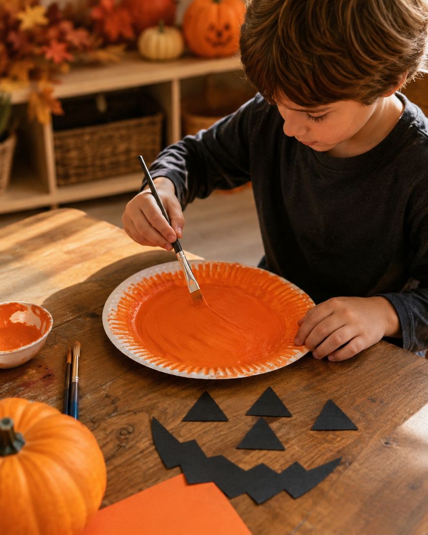 A child paints a paper plate orange at a wooden table, surrounded by Halloween decorations including a pumpkin, black cut-out shapes, and autumn leaves.