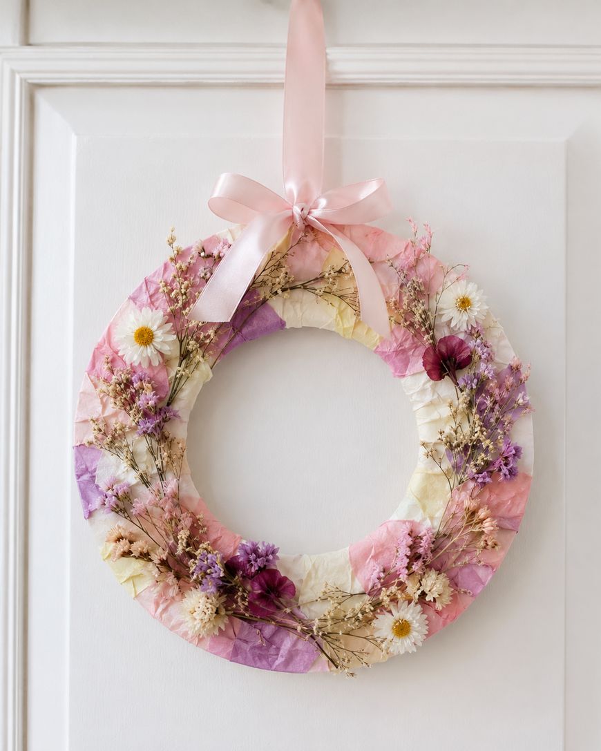 A wreath made of pastel paper and decorated with dried flowers hangs from a pink ribbon on a white door.