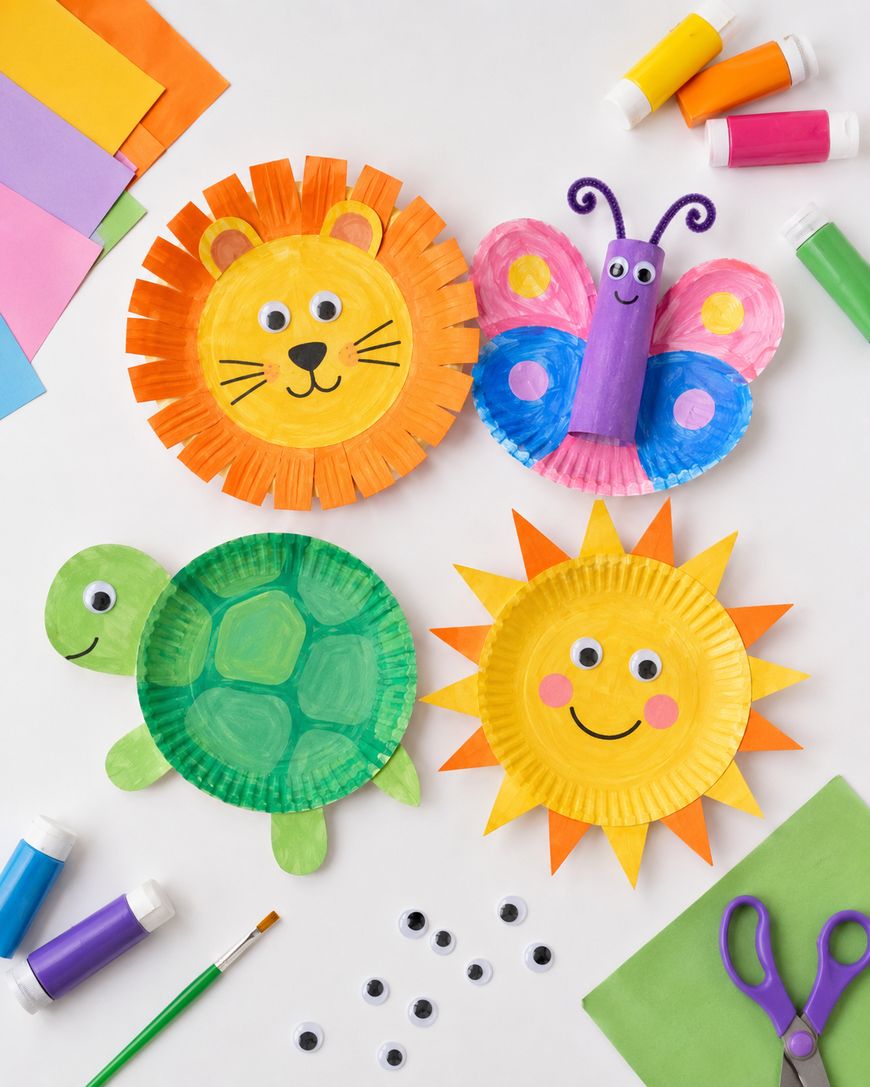 Four colorful paper plate crafts—a lion, butterfly, turtle, and sun—are surrounded by art supplies like colored paper, glue, paint, googly eyes, scissors, and a paintbrush on a white background.