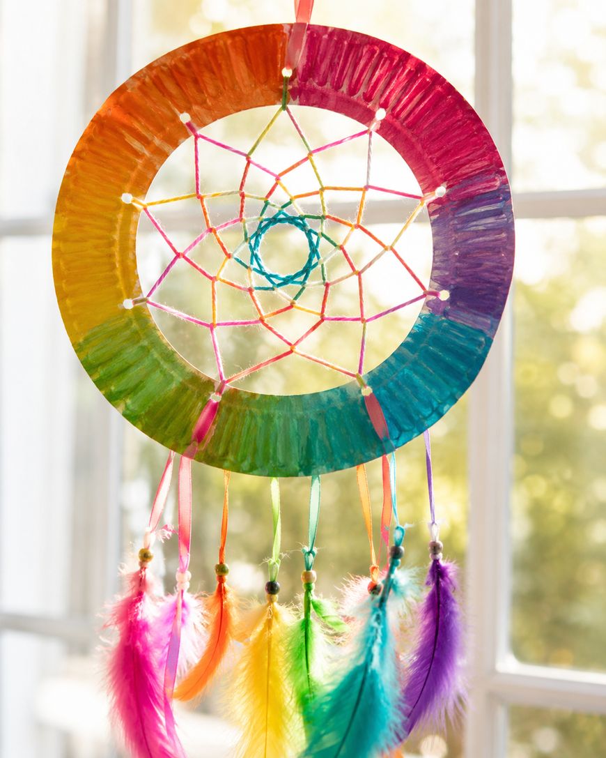 A colorful dreamcatcher made from a paper plate, rainbow yarn, and bright feathers hanging by a window with sunlight streaming in.