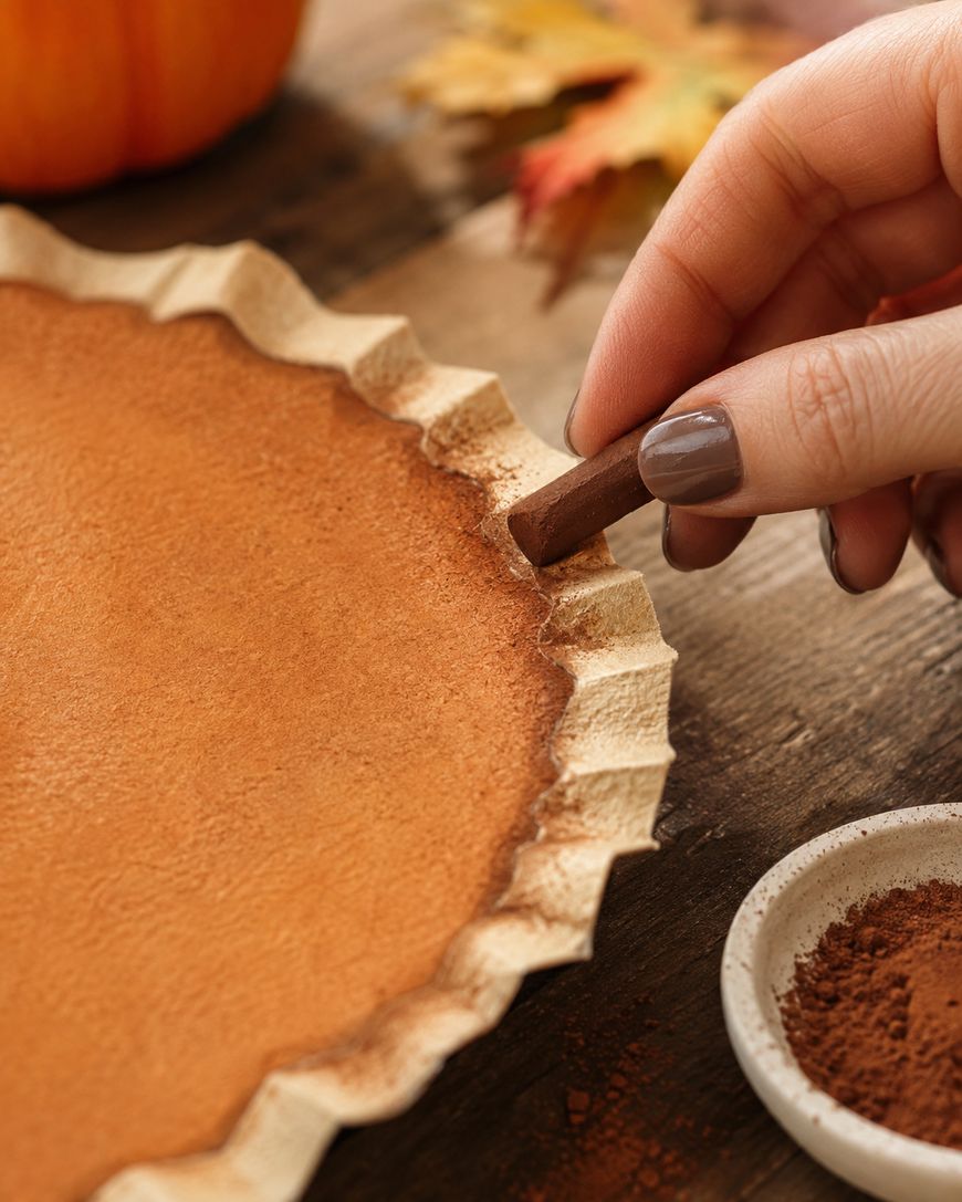 A hand sprinkles cocoa powder along the crimped edge of an uncut pumpkin pie, with a small bowl of cocoa powder nearby and autumn leaves in the background.