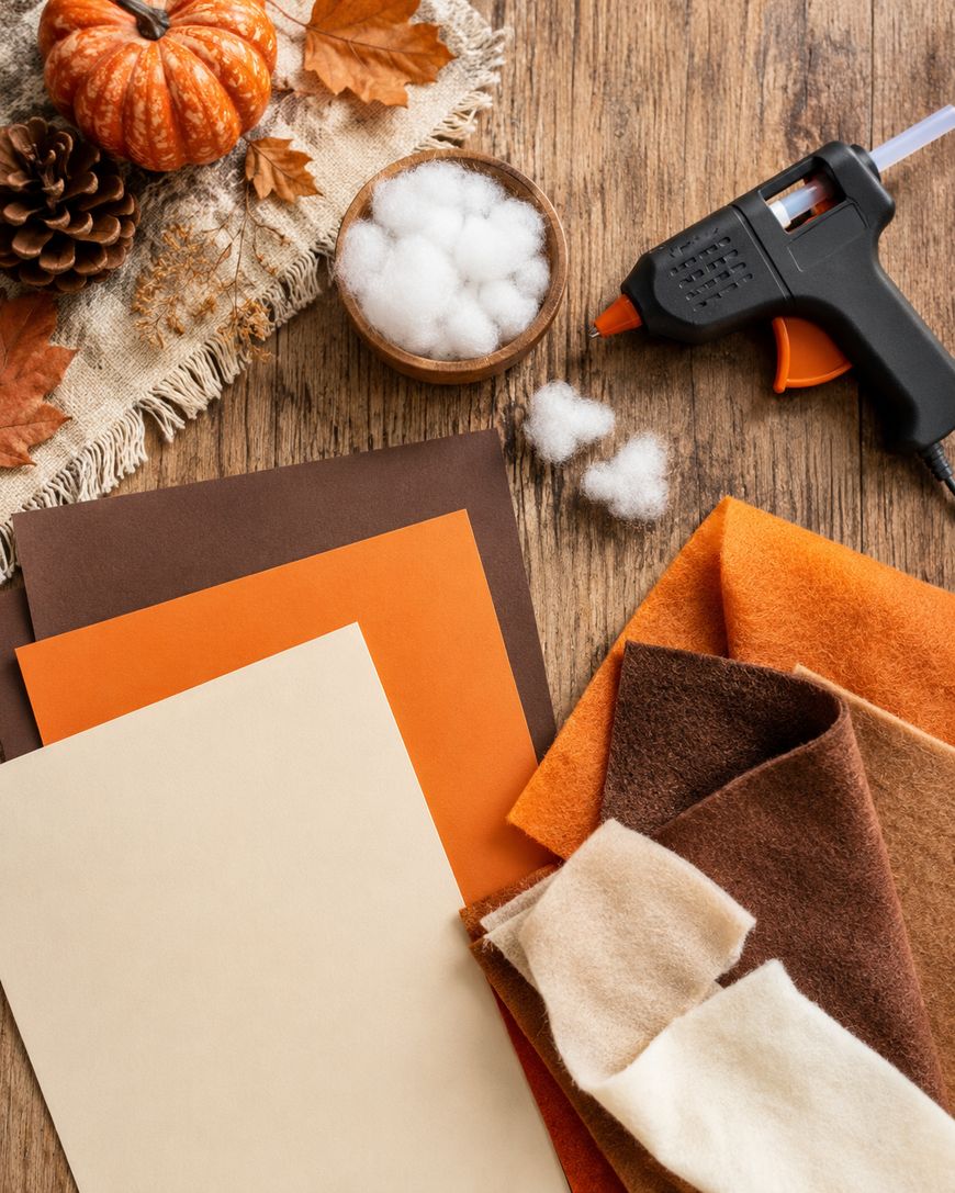 A fall-themed crafting setup with orange, brown, and cream felt and paper, a glue gun, stuffing, a pinecone, a small pumpkin, and autumn leaves on a wooden table.