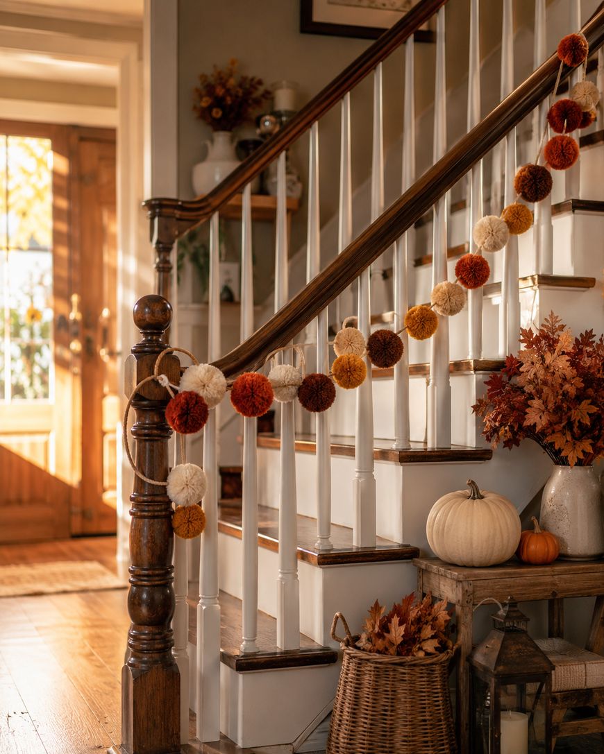 Sunlit staircase decorated with autumn-colored pom-pom garland, white and orange pumpkins, fall leaves, and a lantern, creating a cozy, festive atmosphere in a home entryway.