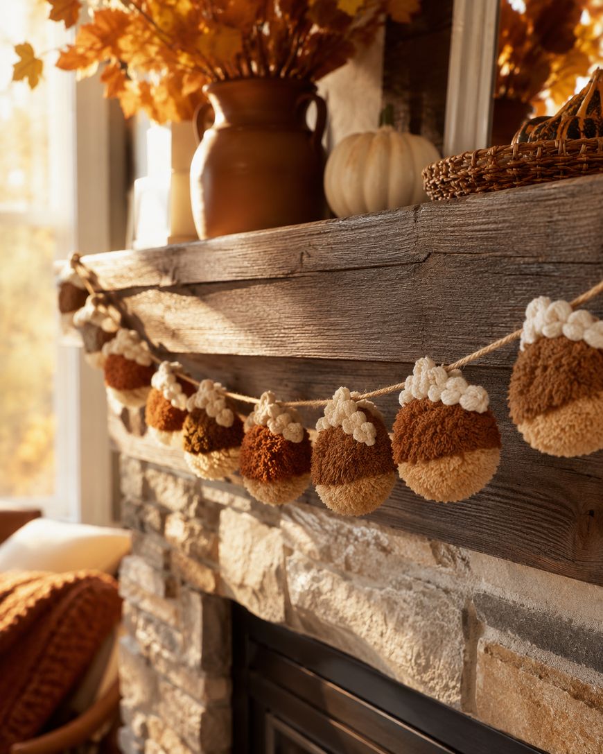 A stone fireplace mantel is decorated with a garland of yarn acorns in brown and cream colors. Fall leaves, a small pumpkin, and a brown vase are displayed on top of the mantel. Sunlight shines in.