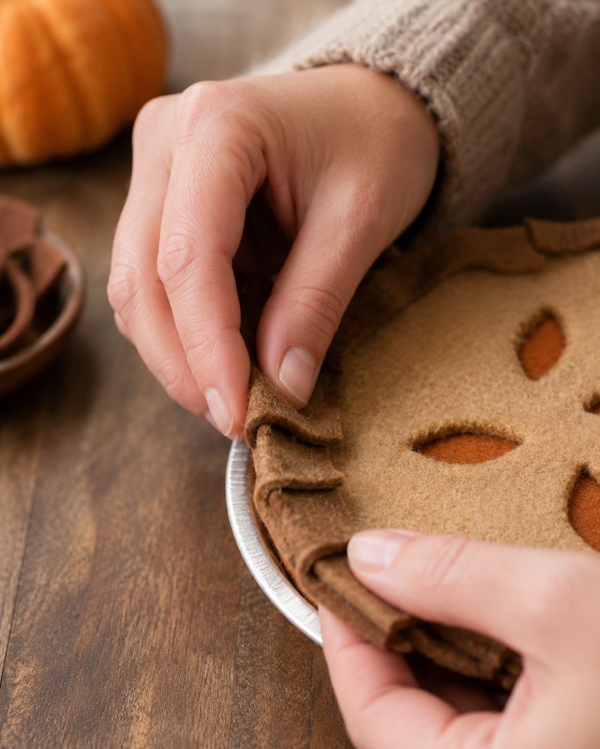 Hands arranging a felt pie crust with leaf-shaped cutouts on a pie, with a pumpkin and plate in the background on a wooden table.
