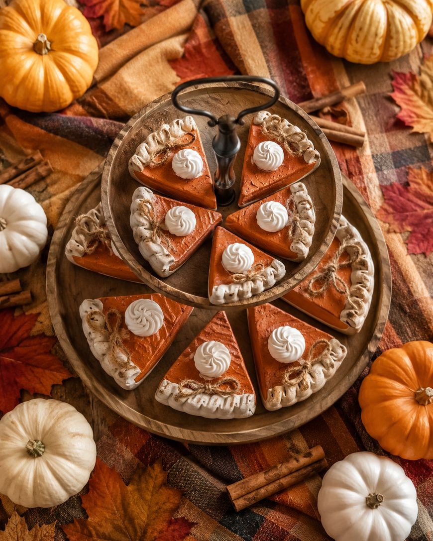 Slices of pumpkin pie with whipped cream are arranged on a two-tiered wooden tray, surrounded by small pumpkins, autumn leaves, and cinnamon sticks on a plaid tablecloth.