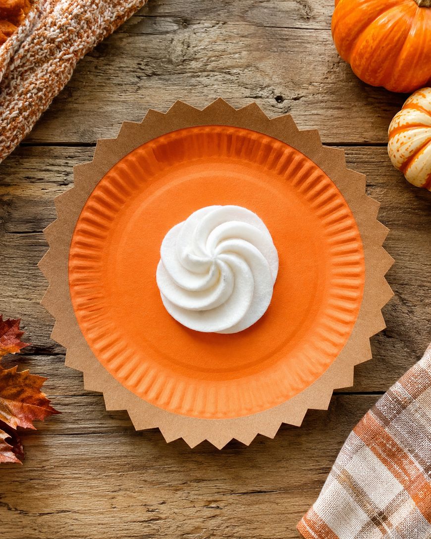 An orange plate with a swirl of white frosting in the center, set on a wooden table with small pumpkins, a plaid cloth, and autumn leaves.