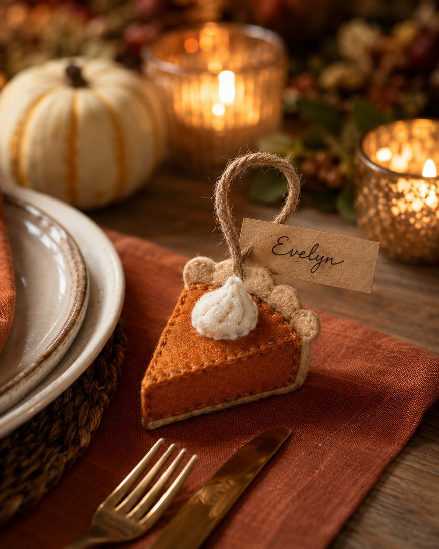 A felt pumpkin pie slice with whipped cream, used as a name card holder labeled “Evelyn,” sits on a fall-themed table set with candles, plates, and a small pumpkin.